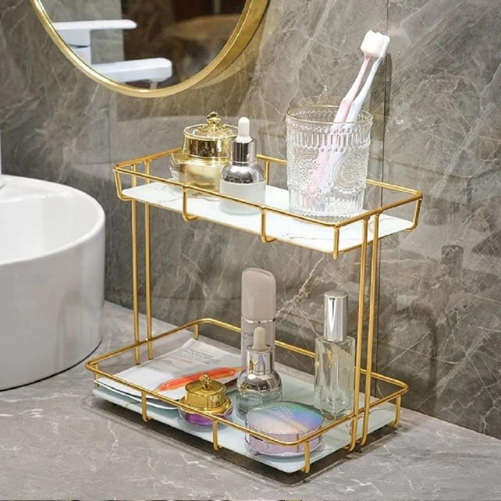 Premium Metal Makeup Organizer Black White Glass Top