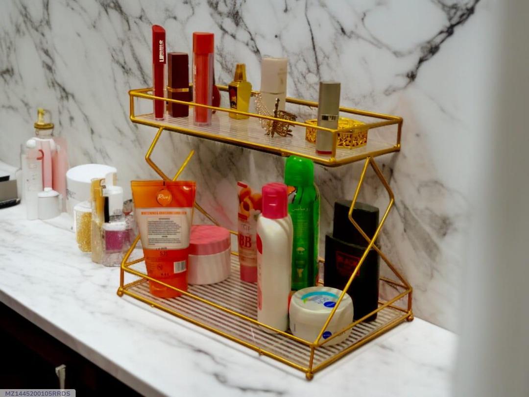 Double Layer Metal Makeup Rack Organizer Gold Bathroom Storage