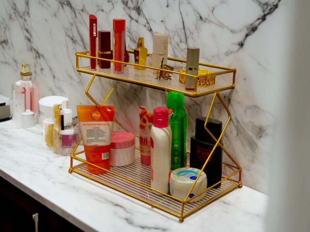 Double Layer Metal Makeup Rack Organizer Gold Bathroom Storage