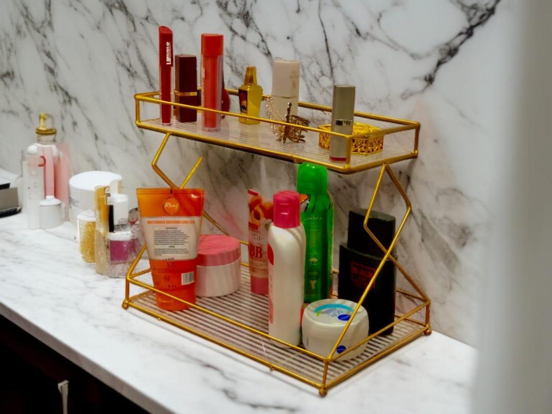 Double Layer Metal Makeup Rack Organizer Gold Bathroom Storage