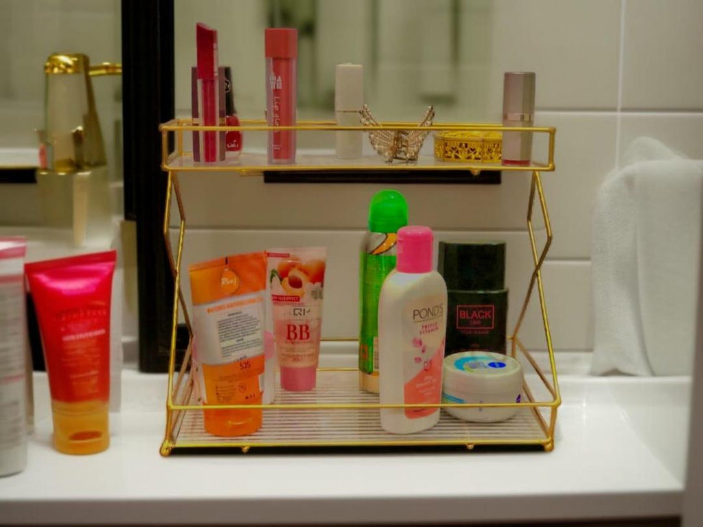 Double Layer Metal Makeup Rack Organizer Gold Bathroom Storage