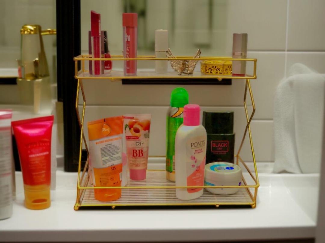 Double Layer Metal Makeup Rack Organizer Gold Bathroom Storage