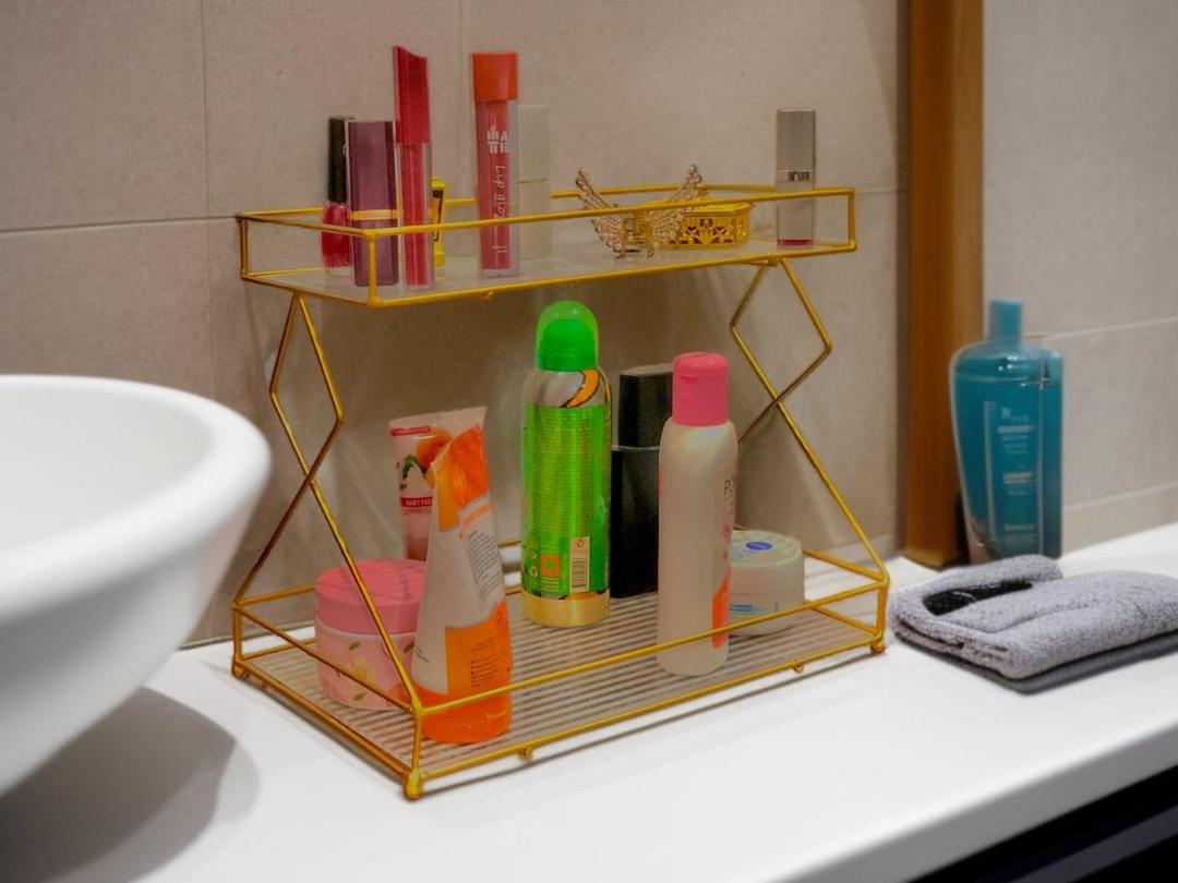 Double Layer Metal Makeup Rack Organizer Gold Bathroom Storage