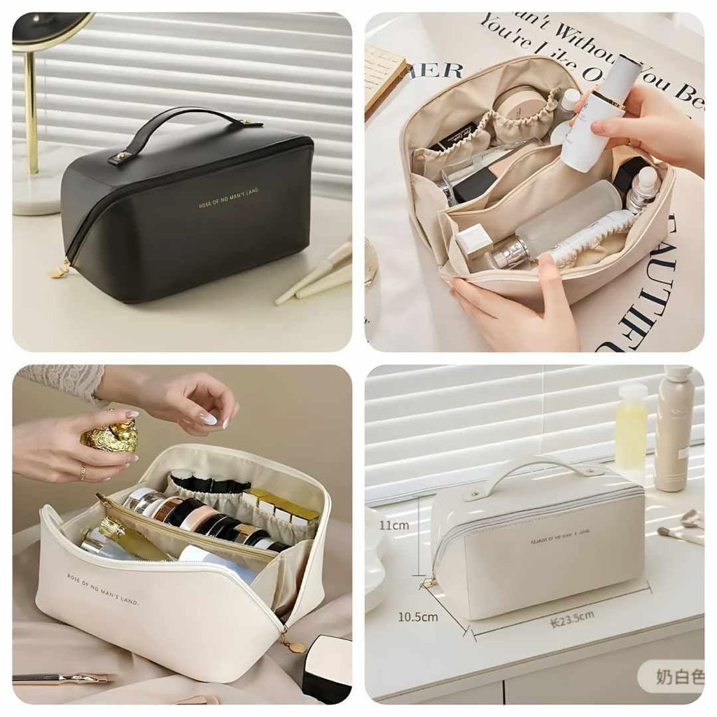 Stylish PU Leather Makeup Pouch Tan Cream Travel Bag