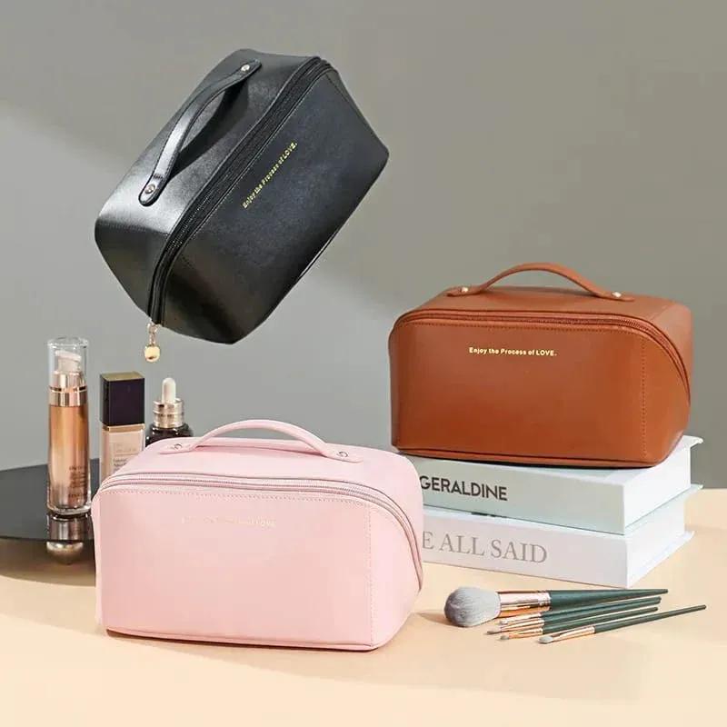 Stylish PU Leather Makeup Pouch Tan Cream Travel Bag
