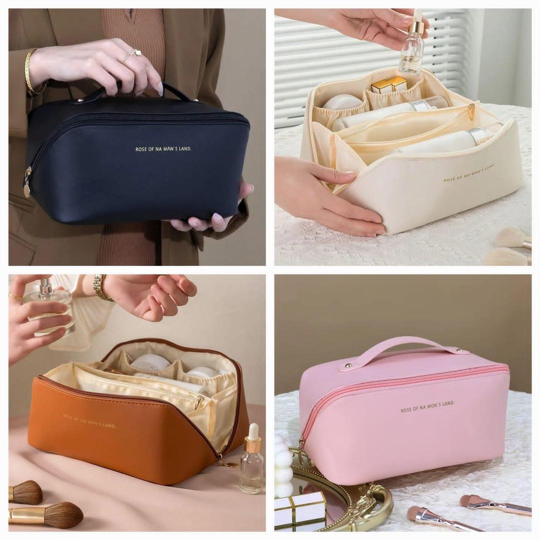 Stylish PU Leather Makeup Pouch Tan Cream Travel Bag