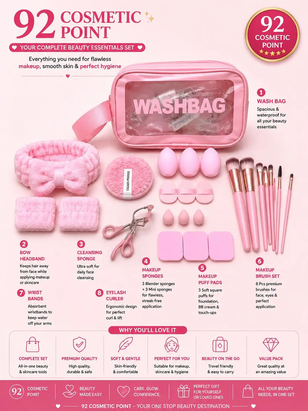 Premium Quality  Wash Bag 24 pcs Makeup Puff & Brush Set