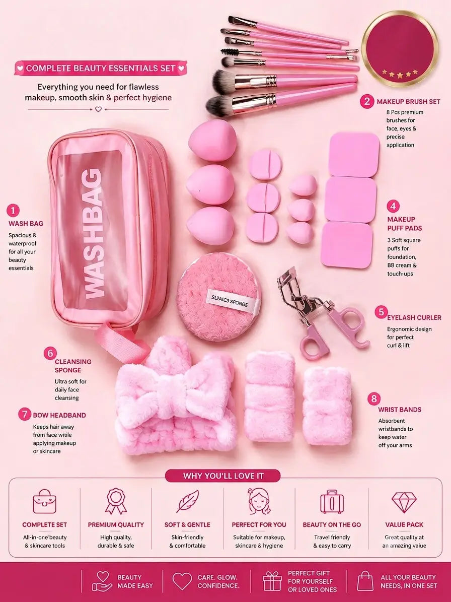 Washbag With Blenders & Makeup Accessories, Easy To Use & Travel, 1 Pouch